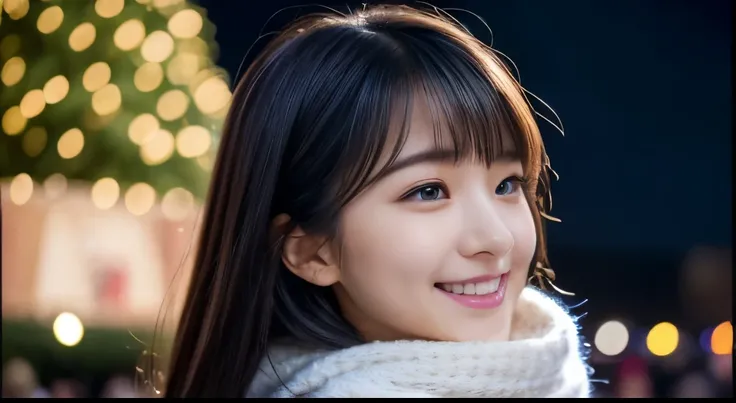 1 girl, 18-year-old、Gravure model for Japan, (cute, beautiful girl,profile:1.2),profile 1.1、Moderately large,  𝓡𝓸𝓶𝓪𝓷𝓽𝓲𝓬, (Please look up at the big Christmas tree in the night sky and pray....:1.5)、(A night town with beautiful Christmas illuminations:1.4),...