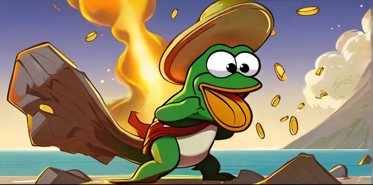 angry Pepe shooting gold coins out of its mouth, Pepe, gold coins, eruption of coins out of mouth, side profile, side view,