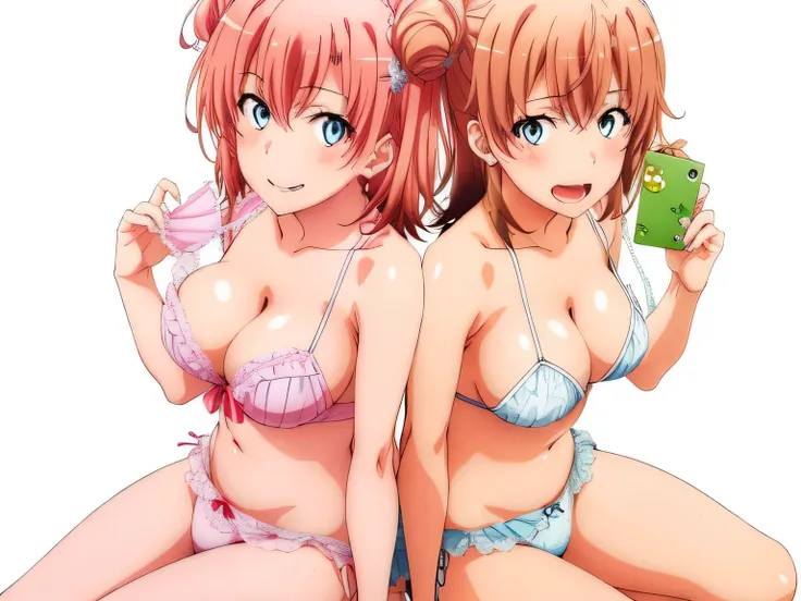 2 girls , (yuigahama yui is bust and ヒップライン are great),(Yukinoshita Yukino),,In lace underwear,they have their hands behind their backs,good,belly button,,(pale pink pink panties:1.0),(white panties:1.0),ribbon on panties,(thighs),knees,((high angle)),(bea...