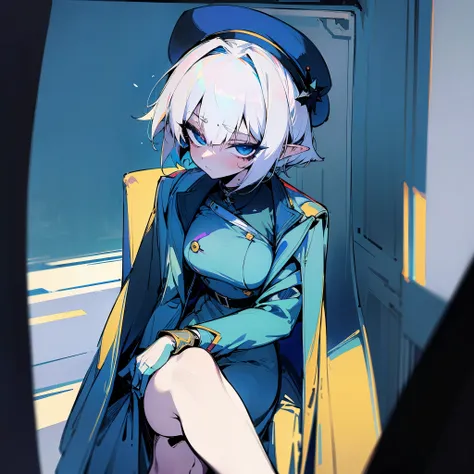 (Masterpiece, Top Quality, Best Quality, Official Art, Beauty and Aesthetics: 1.2), (Flat Color: 1.3), Very Detailed, Detailed Face and Eyes, Cinematic Light, SFW, Anime, Depth of Field, 1 Girl, Solo, Official, White Hair, Elf Ears, Short Hair, Blue Eyes, ...