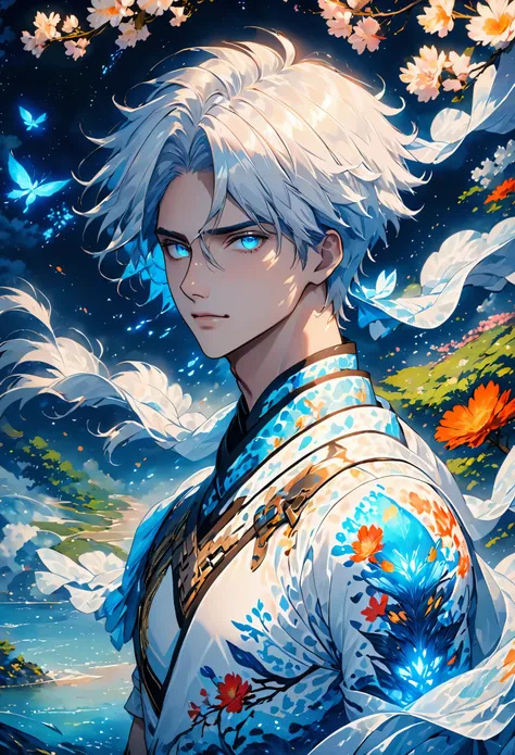  (extreamly delicate and beautiful:1.2), 8K, (tmasterpiece, best:1.2), (MALE:1.5) masterpiece, best quality, (detailed:1.3) halfnaked body with pale skin and (long_white_hair:1.4). All of his pale skin there are (blue_glowing_tattoes:1.5), on face, on body...