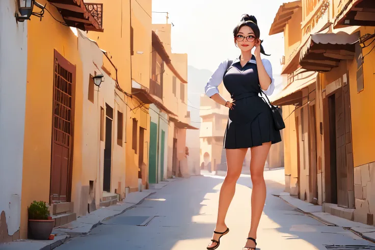 ((wide angle, full body image)) beautiful female tourist, black hair tied in a ponytail, bangs, wearing large glasses, smiling mouth, ((wearing a preppy style outfit)) morning light, Rajasthan