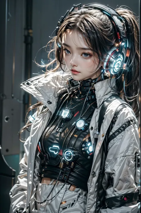 best quality，masterpiece，16K，best quality，masterpiece，16k，1girl,Cyberpunk,headset,Mechanical earphones,Luminous earphones,Mechanical necklace,Mechanical earphones with multiple line light sources,Complex structured headphones,Positive close-up,zipper,The e...