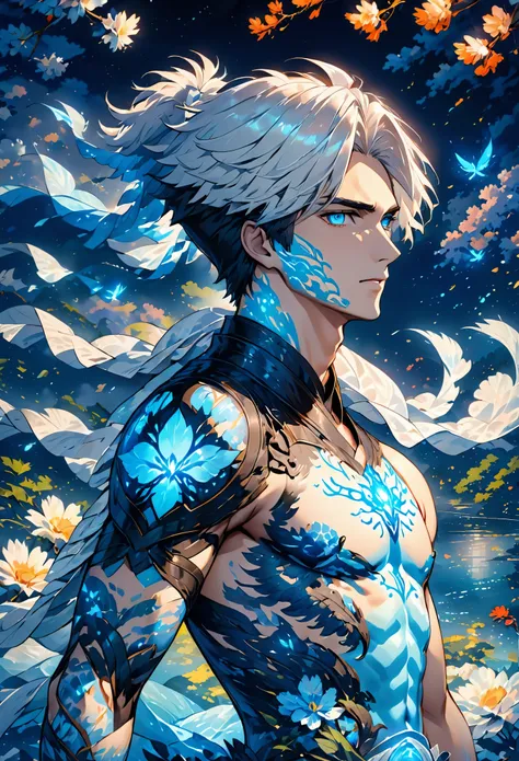  (extreamly delicate and beautiful:1.2), 8K, (tmasterpiece, best:1.2), (MALE:1.5) masterpiece, best quality, (detailed:1.3) halfnaked body with pale skin and (long_white_hair:1.4). All of his pale skin there are (blue_glowing_tattoes:1.5), on face, on body...