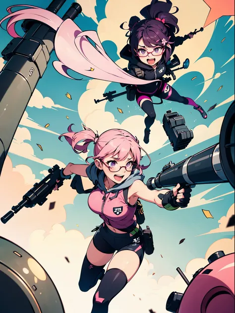 1girl, solo, hoodie, biker shorts, assault vest, (using weapon, using bazooka), open mouth, wacky face, smile, :d, (pink hair, dark purple eyes, twintails, glasses)