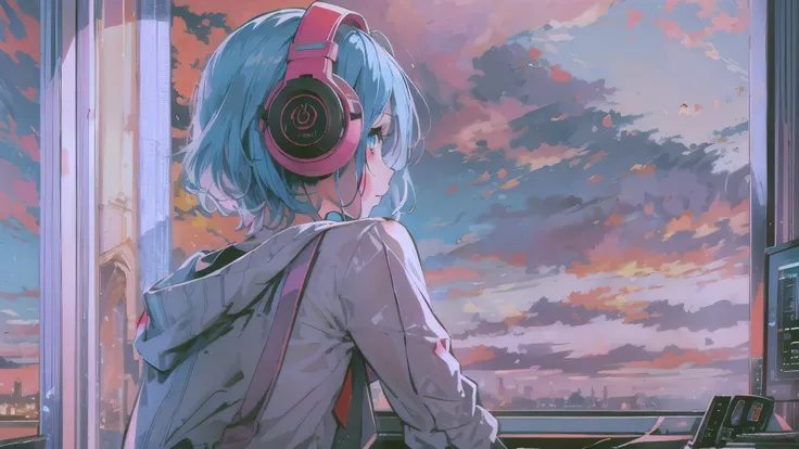 Woman operating a computer、sit on a chair　blue hair、blue eyed girl、The blue sky spreads out from the large windows、Profile of a woman looking out the window。woman is wearing headphones 4k, sad,、Bowater&#39;s art style、beautiful digital illustrations、beauti...