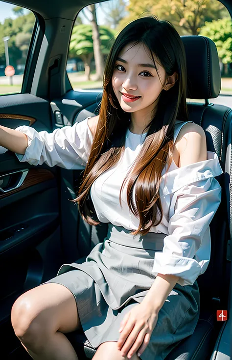 A young Chinese girl，sweet smile，long hair，sitting in the back seat of the car，bring，skirt，HD quality photos，full body image，Reasonable structure，Exquisite details