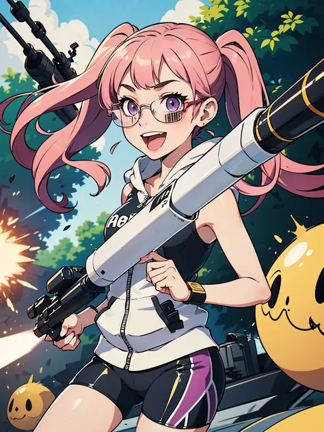 1girl, solo, hoodie, biker shorts, assault vest, (using weapon, using missile launcher, using bazooka), open mouth, wacky face, smile, :d, (pink hair, dark purple eyes, twintails, glasses)