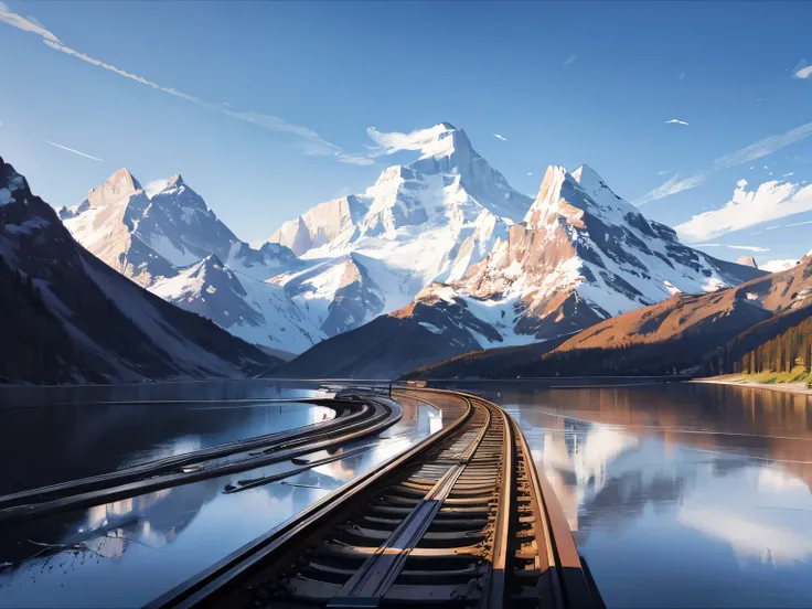 Railroad tracks on the lake，Trains on the tracks，Snow-capped mountains in the distance