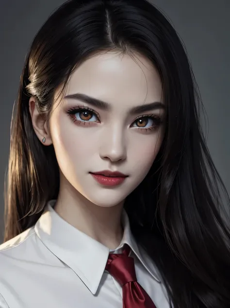 ((masterpiece、highest quality、Super detailed、High resolution、realistic、sharp focus))、bust shot、high contrast、high color saturation、 ((very delicate and beautiful))、crazy details、((beautiful woman portrait))、Sexy vampire girl、alone、black collared shirt、red ...