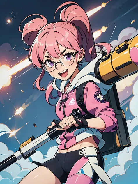 1girl, solo, solo focus, hoodie, biker shorts, tactical vest, assault belt pouches, (using weapon, using missile launcher, using bazooka), open mouth, wacky face, smile, :d, (pink hair, dark purple eyes, twintails, glasses)