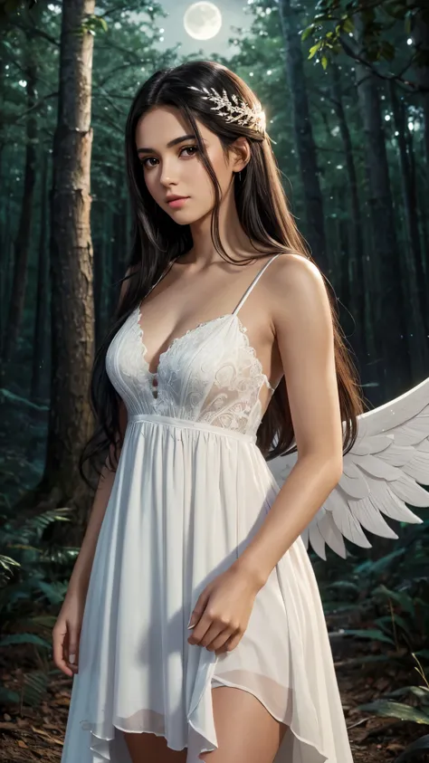 Angel-like Latin girl with brown eyes and long black hair wearing a pretty white dress on a night with moonlight and stars in a forest Detailed realistic 8k image