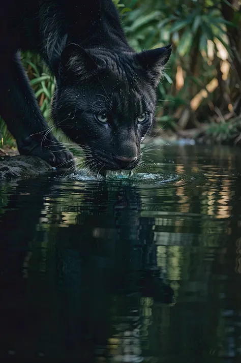 (best quality, masterpiece, ultra-detailed, 32k:1.2), wildlife photography editorial, a panther drinking from a river, crystal clear water, vivid reflections, looking at the photographer, natural light