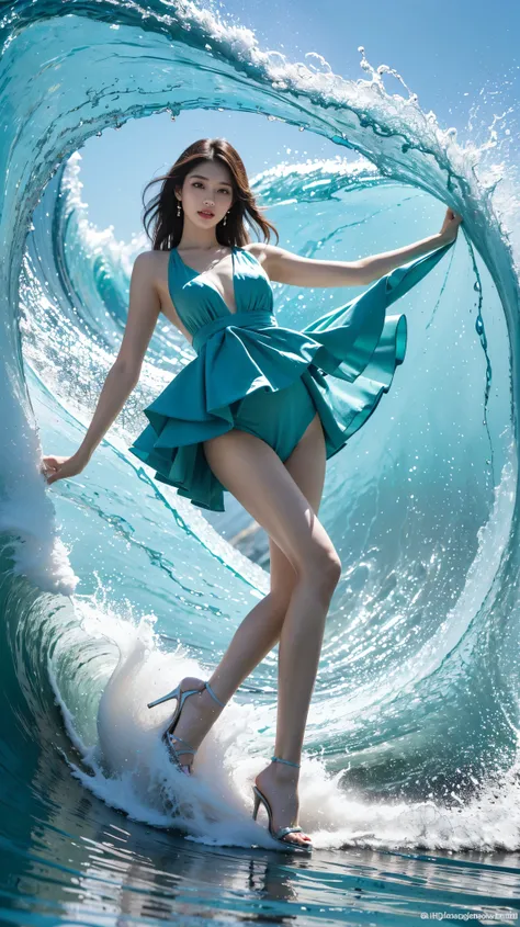 highest quality,masterpiece,ultra high resolution,(actual:1.4),original photo,ultra high resolution，8K，there is a woman，Fair skin，exquisite makeup，big waves，Turquoise dress，high heels，long legs，bright and beautiful，sexy random poses，