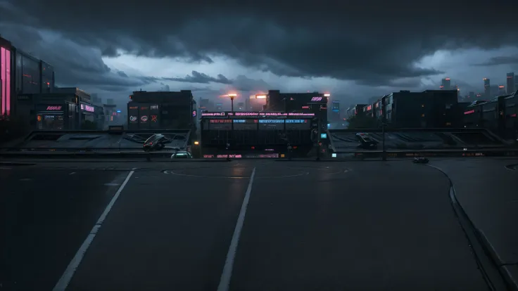 futuristic city with neon lights and neon signs in the rain, cyberpunk garage on jupiter, hyper realistic cyberpunk city, theme ...