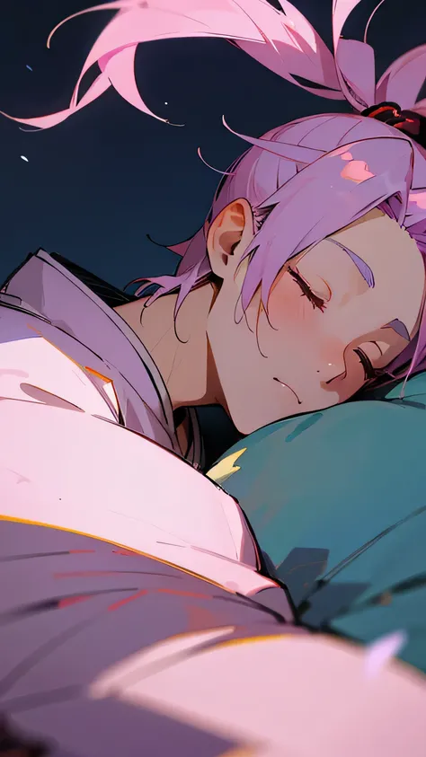 anime style、pastel tones、samurai boy sleeping、close up face、landscape of folk tales、that&#39;midnight、The moonlight is shining、Based on pink color、The hairstyle is a topknot