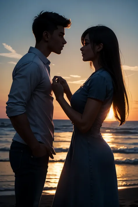 Silhouette of a refreshing young male and female couple facing each other, side view, head shot, men wear shirts and jeans、women wear neat dresses,  beautiful sunset background