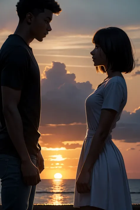 Silhouette of a refreshing young male and female couple facing each other, side view, head shot, men wear shirts and jeans、women wear neat dresses,  beautiful sunset background
