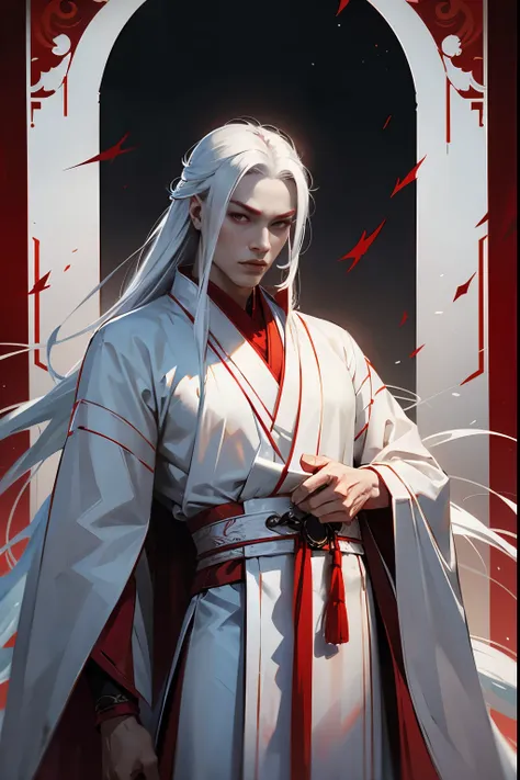 Lord Shen, Asian male, albino, long white hair, red eyes, strong build, silver-white hanfu with scarlet patterns on the hem