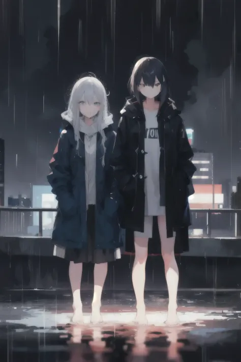 2 couple girl,night city,rain,coat,hands in pockets