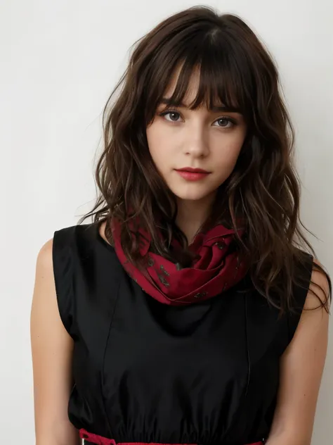 Jeune femme, 20ans, wavy hair with dark brown bangs, student, foulard, ((haut rouge décoleté:1.2)), grand yeux marron, regard intelligent, belle, bouche pulpeuse, visage mature, slightly tanned, mince, French, corps complet, jupe noire