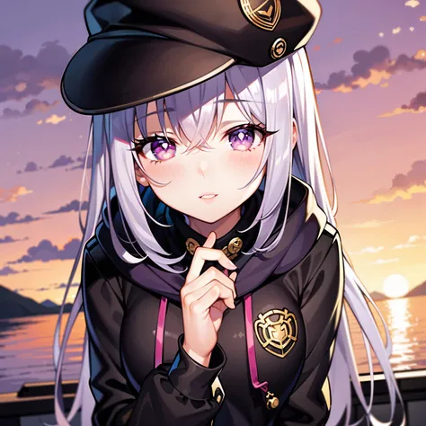 ((1girl, solo)), purple hair, long hair, purple eyes, grey, +_+, long sleeves, smile, (((parted lips))), hood down, (badge on hat), symbol-shaped pupils, looking at viewer, details eyes, absurdres, half body, ((sunset)), top view, (day time, sunny)