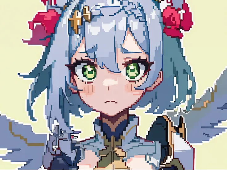 masterpiece, high quality, hcnone, pixel art, 1girl, noelle genshin impact, silver hair, green eyes, simple gold color background