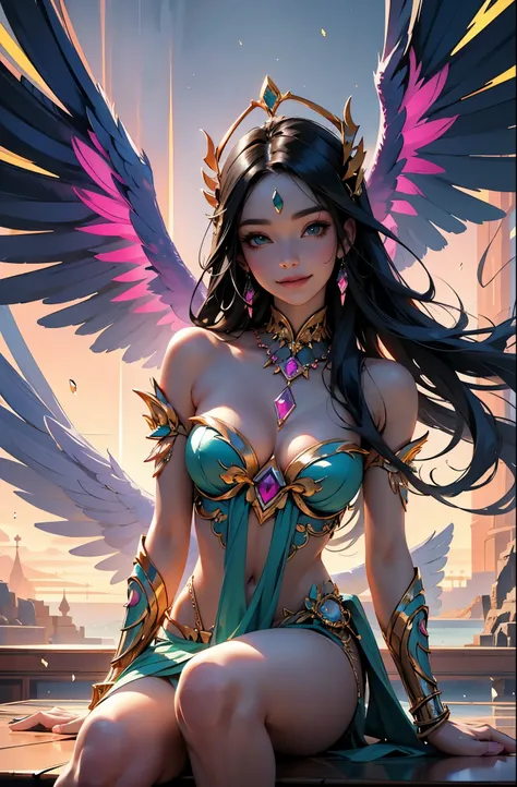 close up portrait of beautiful pink and emerald princess, stunning eagle wings, pretty body, pretty legs, perfect face, Ink, splash art, amazing beauty, wicked smile, brilliant lighting, Asian goddess