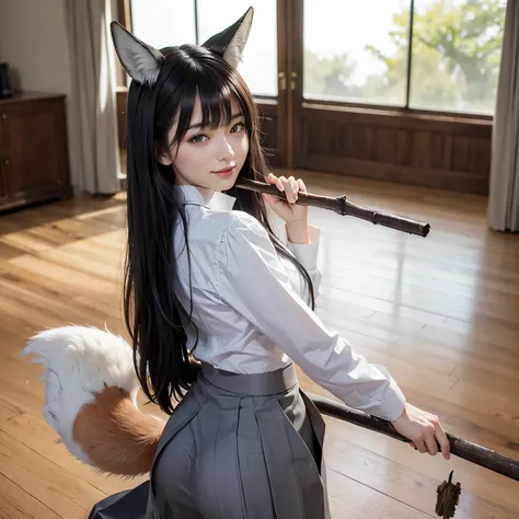 Girl with a furry tail , Fox tail, tail, collared shirt,table top, 最high quality, figure, Ultra-detailed, finedetail, High resolution, 8k wallpaper, 完璧なダイナミックな構figure, Beautiful detailed eyes,Full body shot，Show me your whole body、thin and transparent、long...