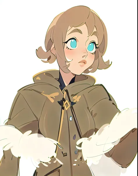 young woman, low, light brown short hair, light brown fur coat, black boots