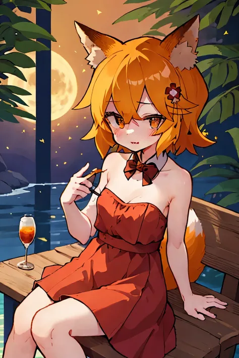 masterpiece, best quality, highly detailed, sen, animal ears, fox ears, fox girl, fox tail, hair flower, hair ornament, orange eyes, orange hair, short hair, tail, blush, looking at viewer, , girl, small breasts, detailed hands, keqing (opulent splendor) (...