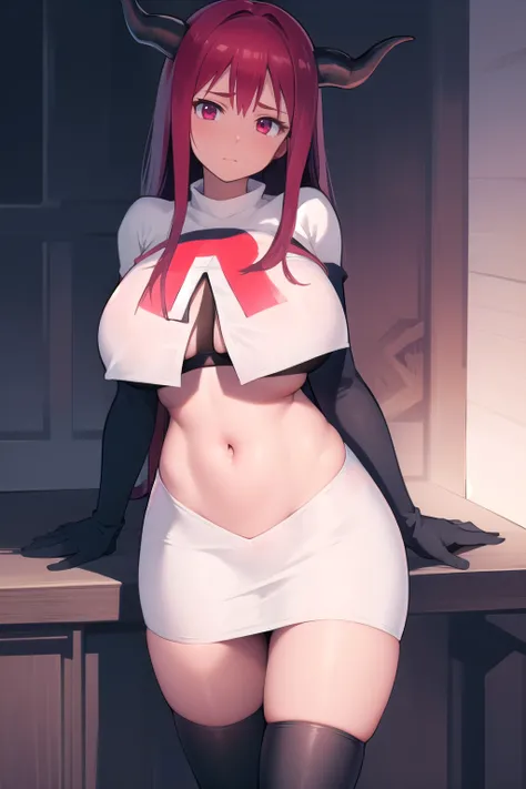 masterpiece, best quality, maou, horns,large breasts, looking at viewer, shiny skin, team rocket,team rocket uniform, red letter R, white skirt,white crop top,black thigh-highs,black elbow gloves