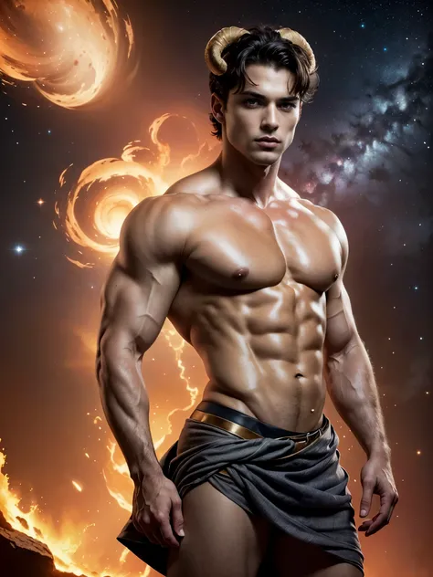 Photorealistic, ((best quality)), ((masterpiece)), (detailed),masculine portrait of Aries, (wild sheep perfect horns:1.4 personificatioin of Aries, fully naked, nude, side view, muscule, ripped, strong body, fit body, 1boy, lava, volcano, constellations, m...