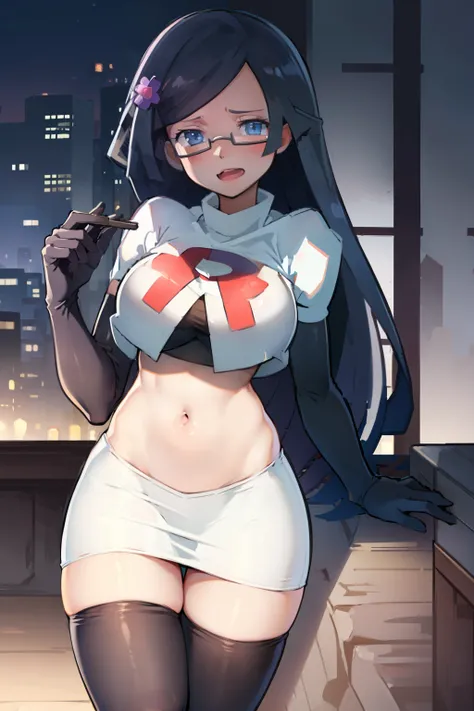 fennel_pk, glasses, team rocket,team rocket uniform, red letter R, white skirt,white crop top,black thigh-highs,black elbow gloves, sinister villianess look,