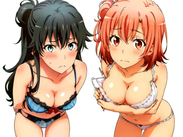 ((2 girls ), ((yuigahama yui is bust and ヒップライン are great)),((Yukinoshita Yukino)),pin up,In perverted underwear,they have their hands behind their backs,(Bra with nipple bulge line),Shiny bra,belly button,,(pink lace panties:1.0),(white panties:1.0),Ribbo...