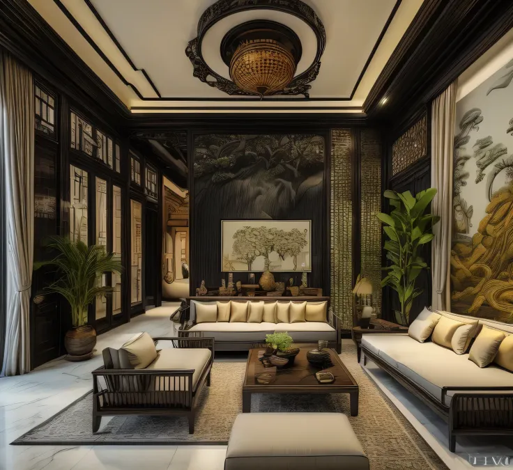 (( masterpiece)) (( ultral realistic)) (( sharp forcus)) (( high detail)) livingroom in indochina style,china , vietnam, black w...