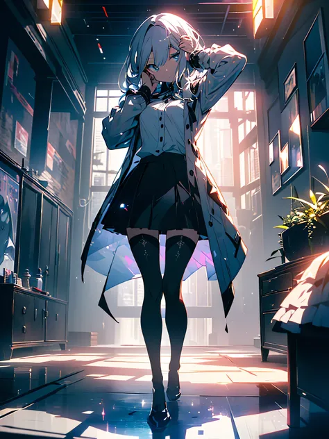 (beautiful anime),(((1 girl)),ray tracing,(dim lighting),[detailed background (living room)),((silver hair)),(silver hair)),((Fluffy silver hair, slender girl)) with a high ponytail))) Avoid golden eyes in the ominous living room ((((The girl is wearing a ...