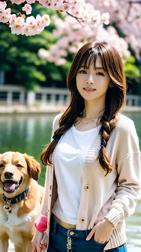 (((perfect anatomy))),((A beautiful 20-year-old idol walks along an embankment along a river with beautiful cherry blossoms in full bloom, being pulled by her cute pet dog, a large golden retriever.)),A 20-year-old idol who looks great in necklaces and ear...