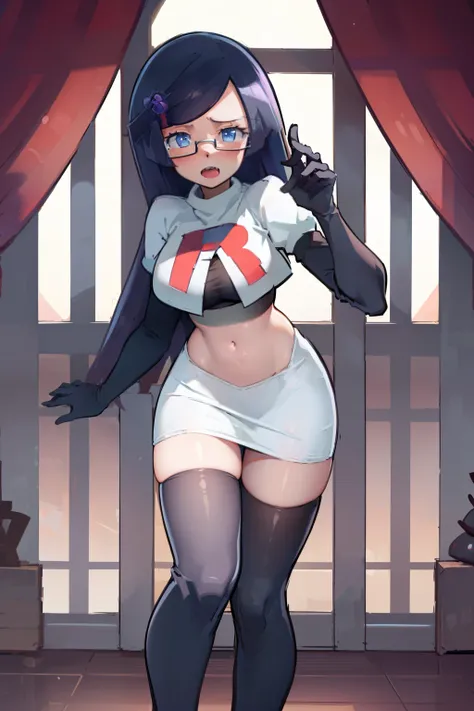 fennel_pk, glasses, team rocket,team rocket uniform, red letter R, white skirt,white crop top,black thigh-highs,black elbow gloves, sinister villianess look,