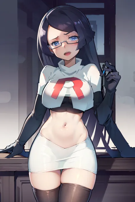 fennel_pk, glasses, team rocket,team rocket uniform, red letter R, white skirt,white crop top,black thigh-highs,black elbow gloves, sinister villianess look,