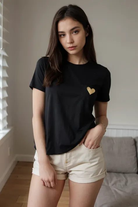 Model wearing a black shirt, There is a pocket., gold heart buttons 