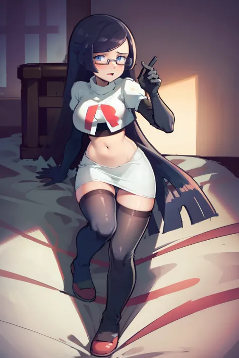 fennel_pk, glasses, team rocket,team rocket uniform, red letter R, white skirt,white crop top,black thigh-highs,black elbow gloves, sinister villianess look,