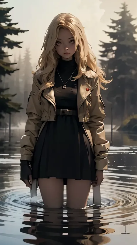 Masterpiece, woman, blond, standing, towards the camera, in the lake, knees deep, full body, realistic fog, (horror mood: 1.5), wet clothes , black short dress, red coat, dirty water, high quality, mouth opened, high quality eyes, golden leaves on water 