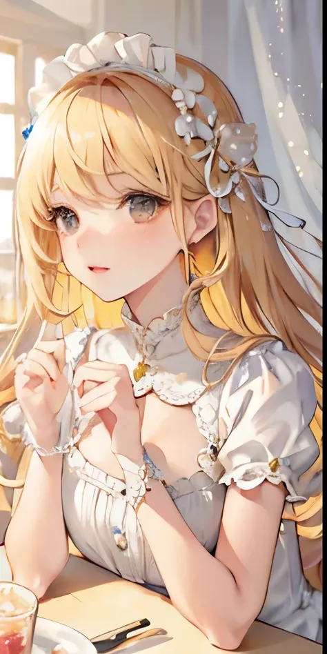 ((table top)), high quality, Super detailed, blonde hair + white clothes: 1.2, sweet and delicate girl, nffsw, lolita, delicate features, perfect figure, face decorated with pearls, surrounding bubbles, bright bright colors, romantic long hair, Natural lig...