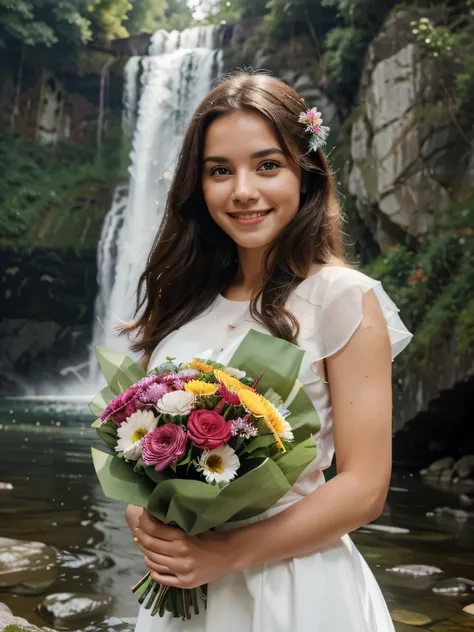 smiling girl with a large bouquet of flowers against the backdrop of a waterfall