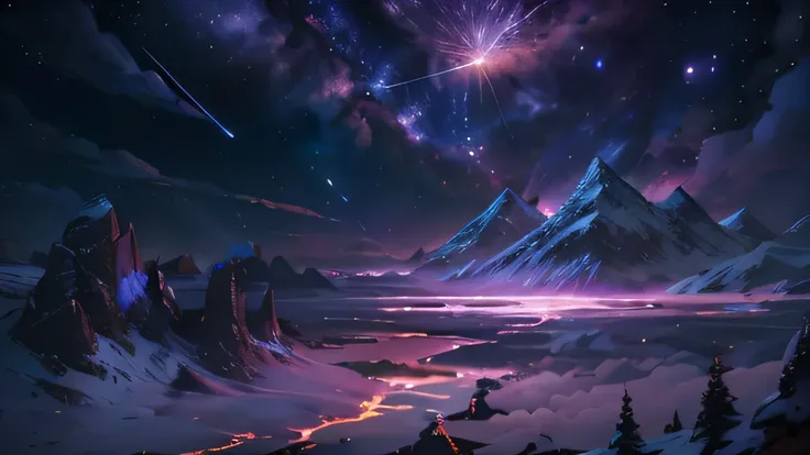 (ridiculous, cinematic, ultra high definition, higher, super detailed, super detailed), Deep purple sky, Nebula in the sky,, flying train, meteor, Dandelion Field, Mountain, ,, detailed , detailed, detailed sky  