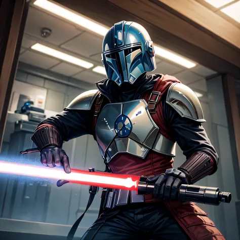 Mandalorian with a lightsaber and blaster against the background of a starship