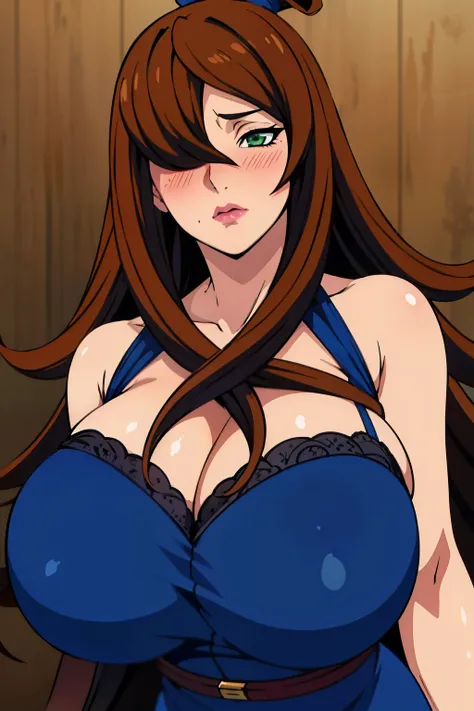 blue dress, indoo background, mei terumi, takeda hiromitsu style, anime cels style, best quality, high resolution,  (gigantic breasts:1.3), cowboy shot, blush, embarrassed, long hair, brown hair, green eyes, ((hair over one eye)), lipstick