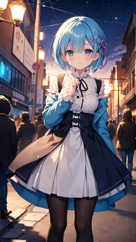 rem from re:zero、light blue hair、shortcut, to tell, casual cute dress, cast a spell on the stars in the middle of the city at mi...