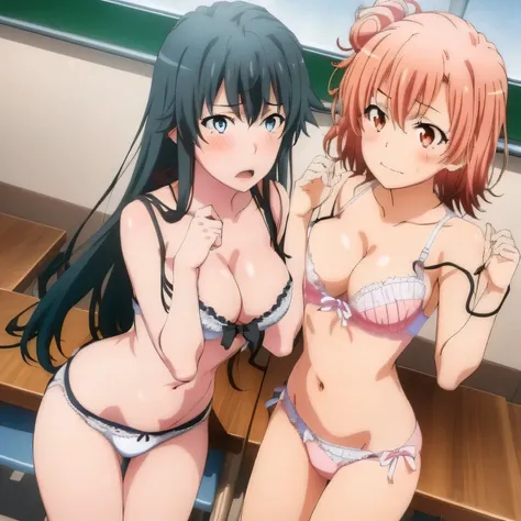 ((2 girls ), ((yuigahama yui is bust and ヒップライン are great)),((Yukinoshita Yukino)),In perverted underwear,in front of everyone,streaking,classroom,they have their hands behind their backs,(Bra with nipple bulge line),Shiny bra,belly button,,(white lace pan...